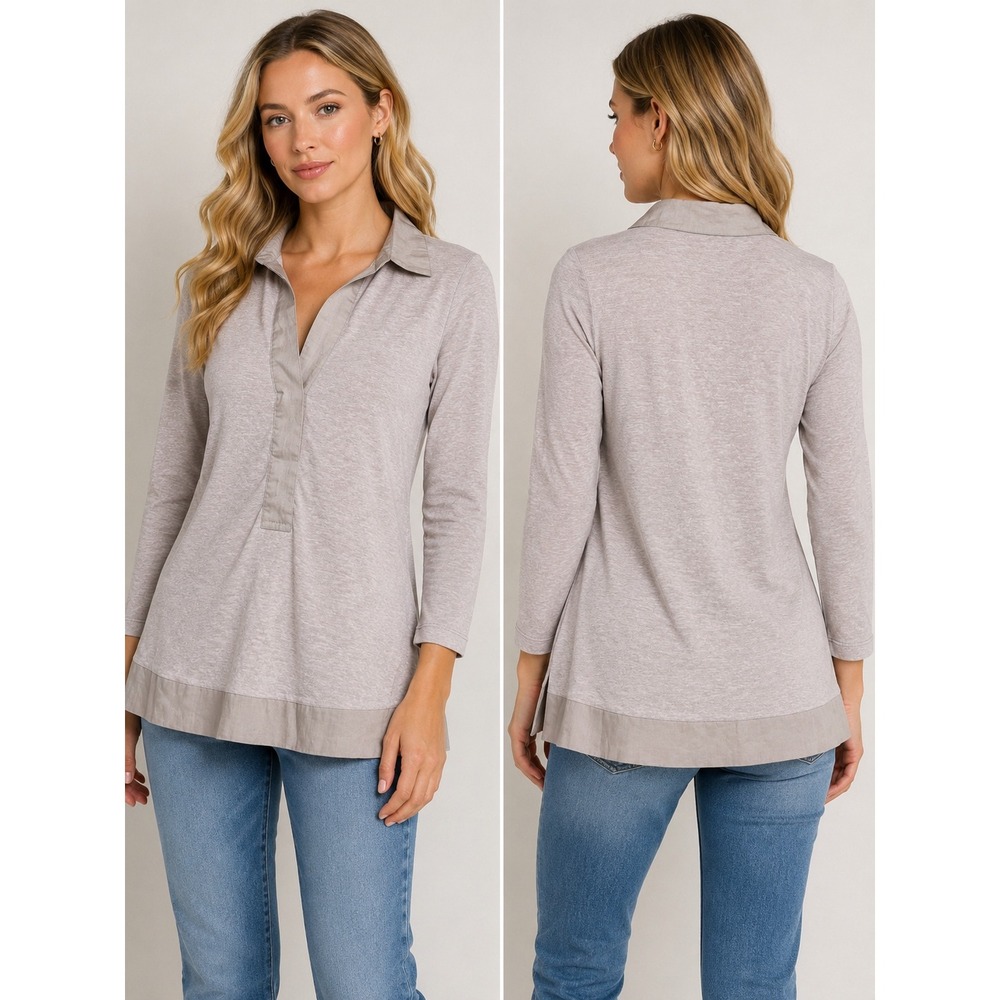 Saraceno Bellagio Women Mauve Mixed Media Linen Trim V-Neck Tunic Top LongSleeve